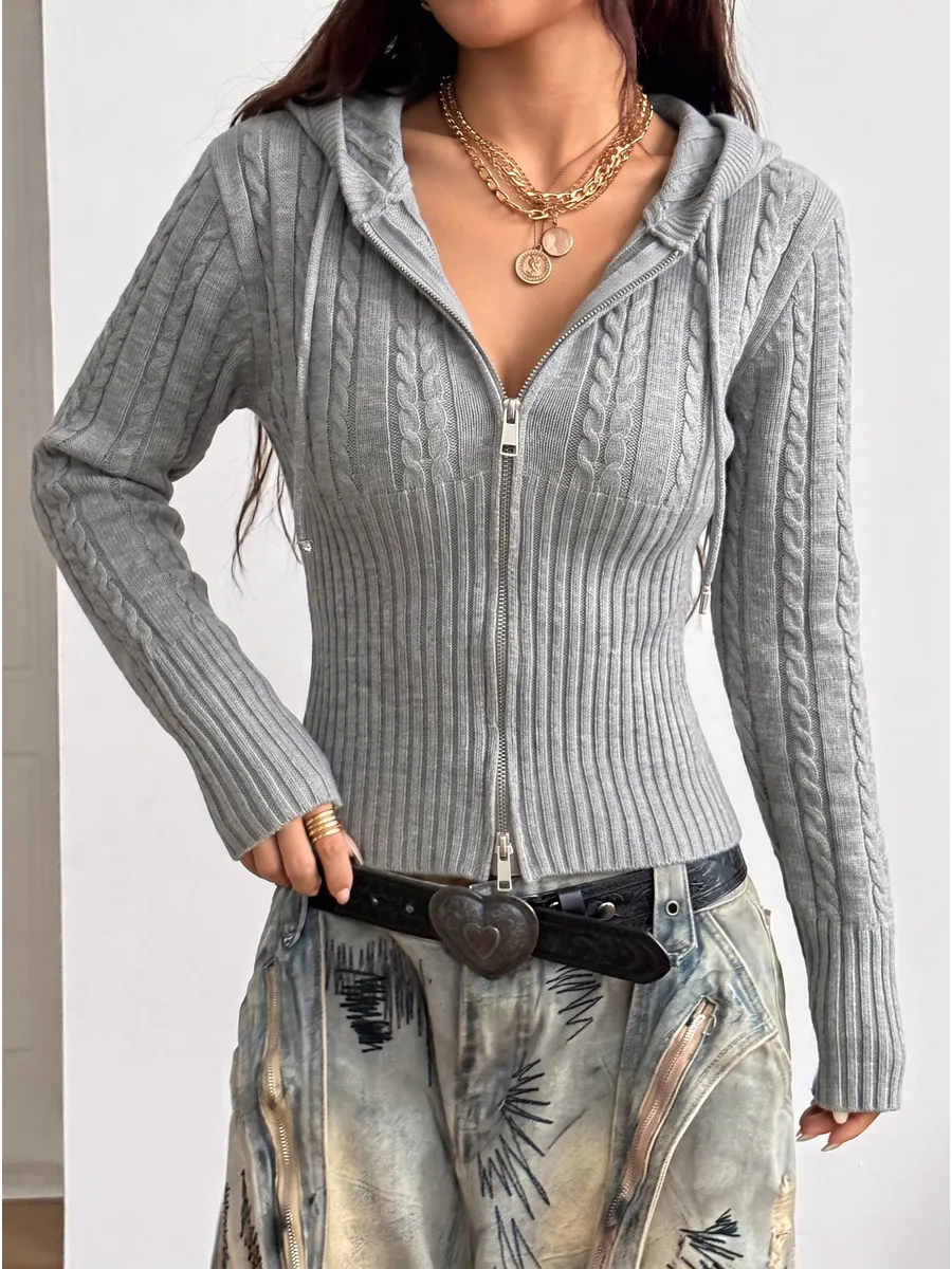 Grey Cropped Cable-Knit Zip Hoodie – view 2