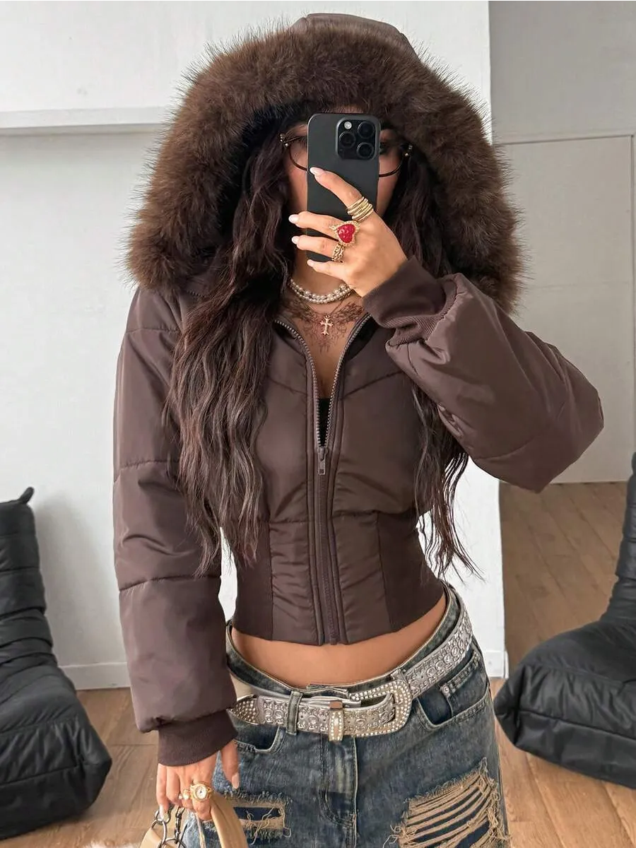 Chocolate Cropped Padded Jacket with Hood