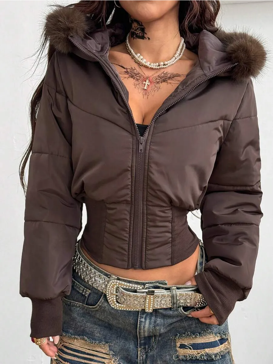 Chocolate Cropped Padded Jacket with Hood – view 3