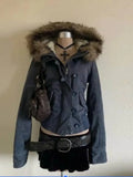 Blue-Grey Cropped Parka with Faux Fur Hood