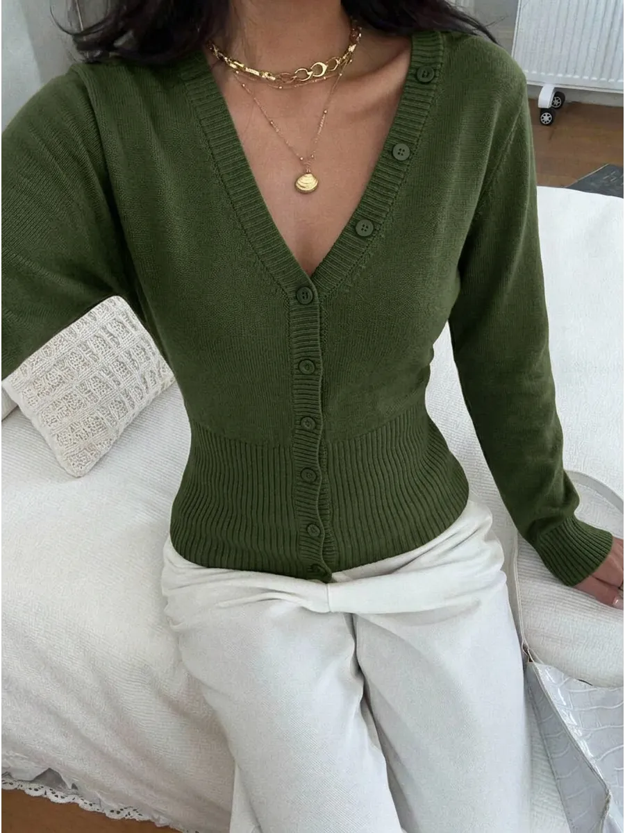Olive Fitted V-Neck Button Cardigan