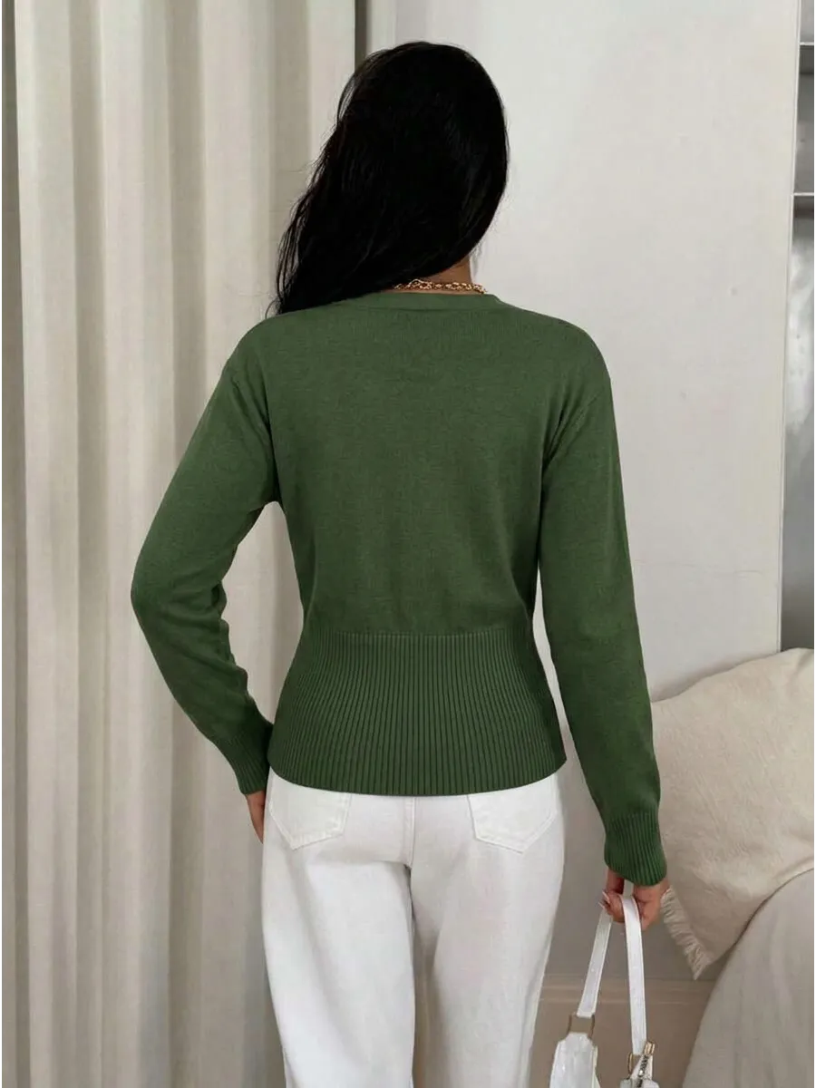 Olive Fitted V-Neck Button Cardigan – view 2