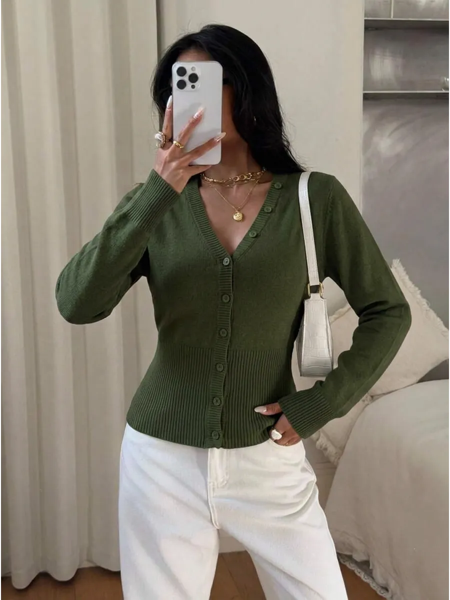 Olive Fitted V-Neck Button Cardigan – view 3
