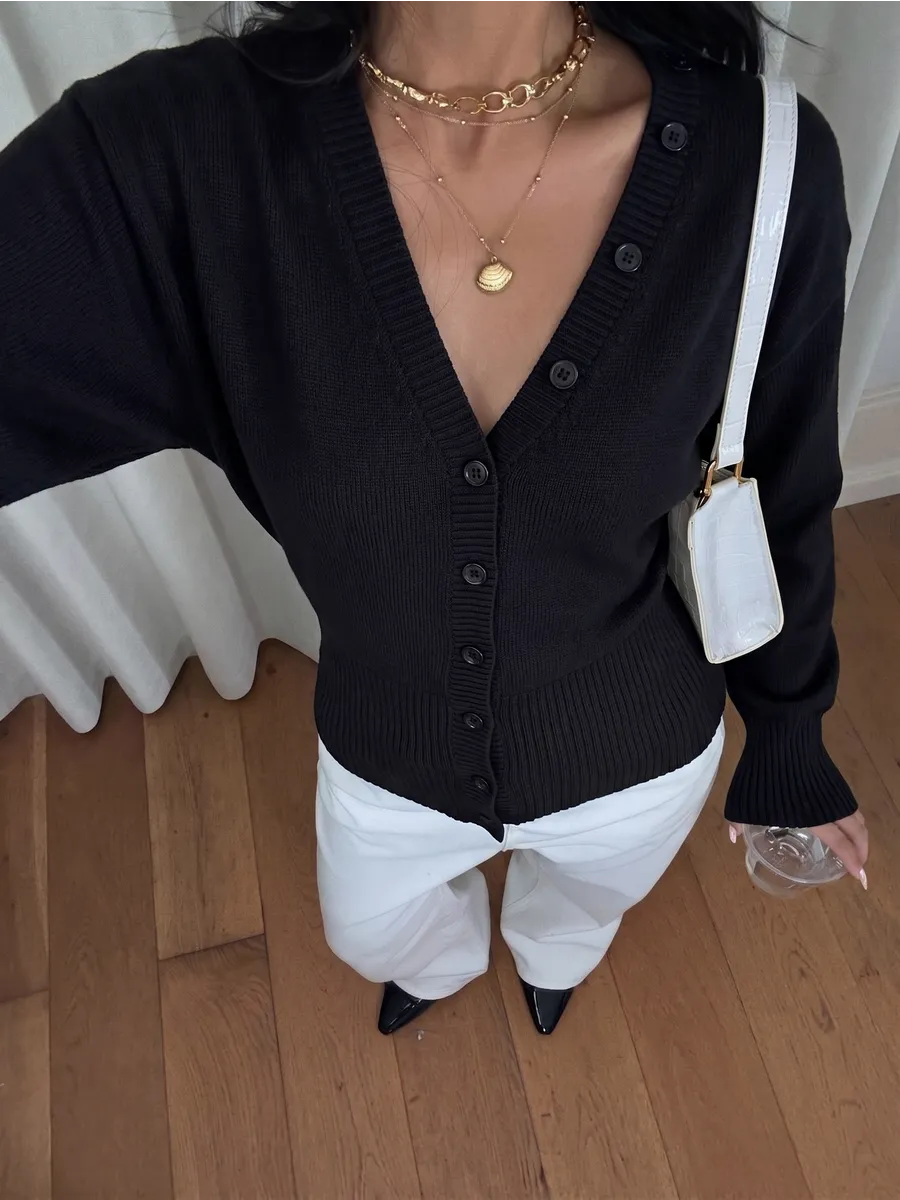 Black Fitted V-Neck Button Cardigan – view 2