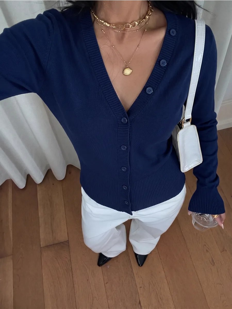 Blue Fitted V-Neck Button Cardigan