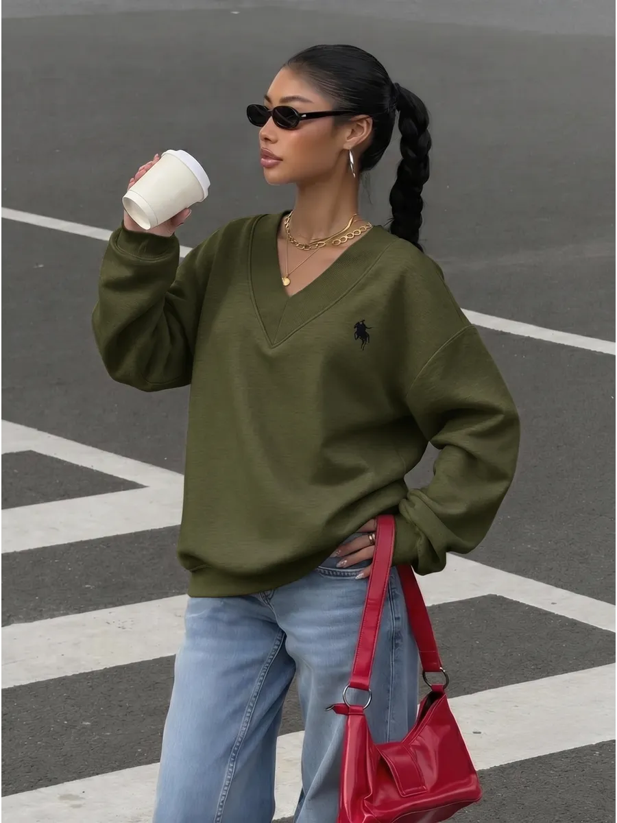 Olive Green Oversized V-Neck Sweatshirt