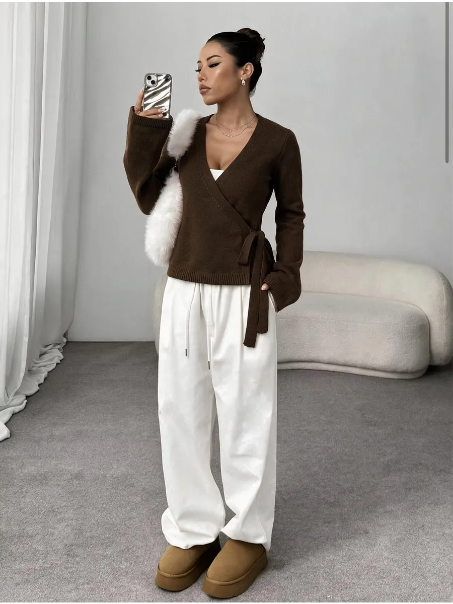 Chocolate Fitted Wrap Cardigan – view 2