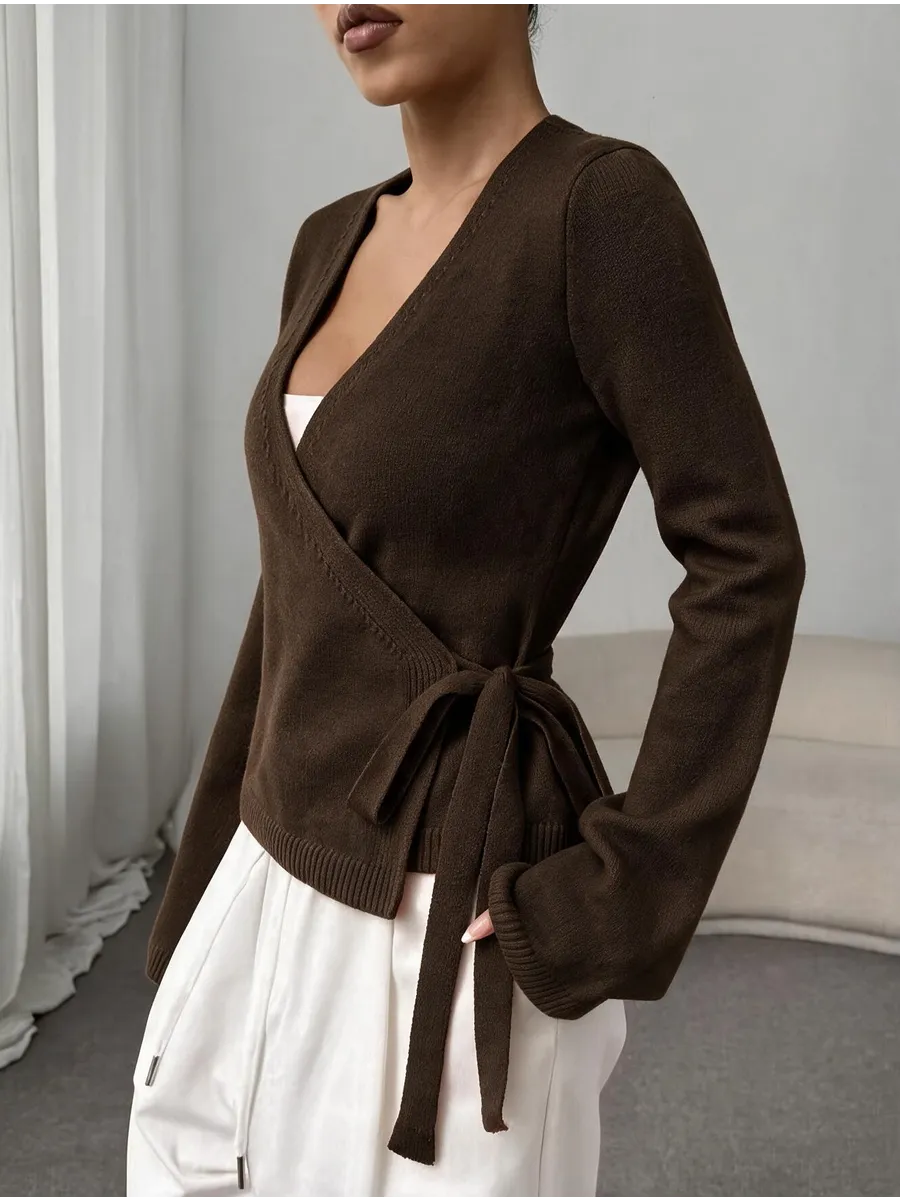 Chocolate Fitted Wrap Cardigan – view 3