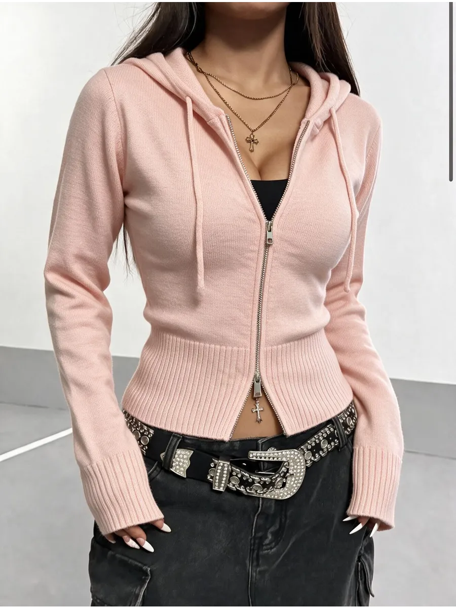 Powder Pink Ribbed Knit Zip Hoodie – view 2