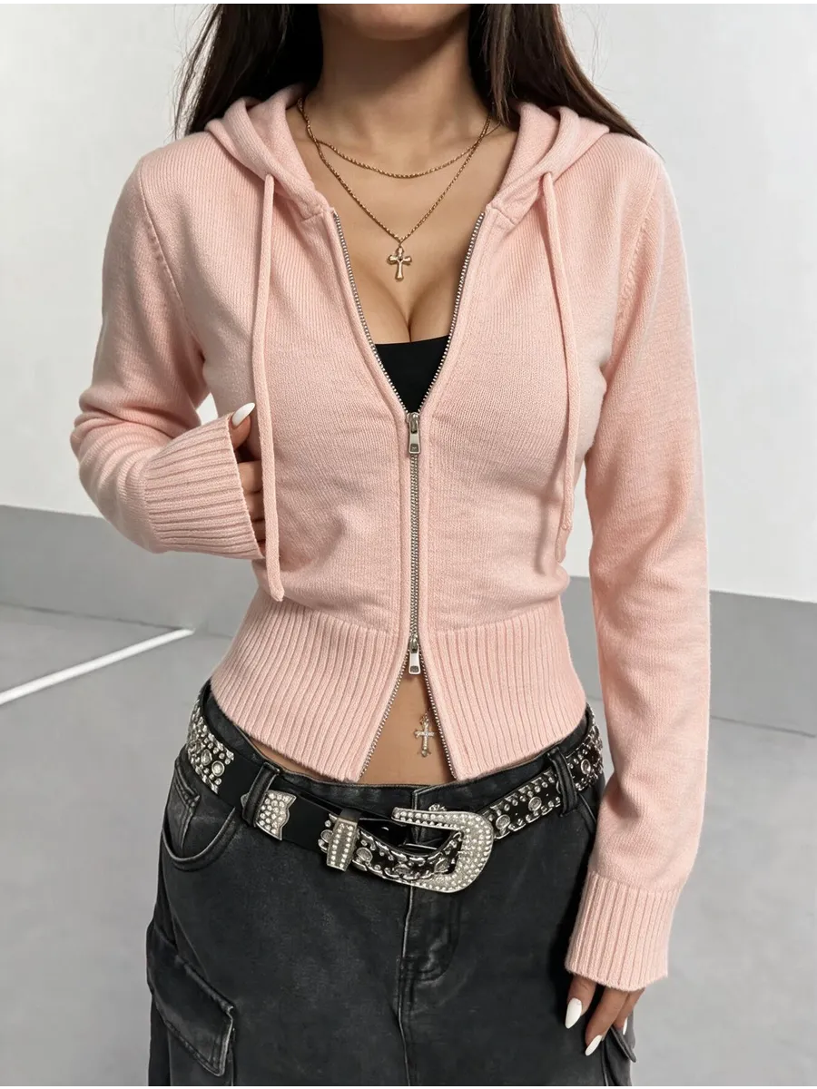 Powder Pink Ribbed Knit Zip Hoodie – view 3