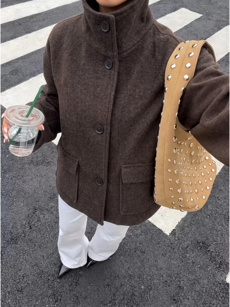 Brown Cropped Blazer Coat with Patch Pockets