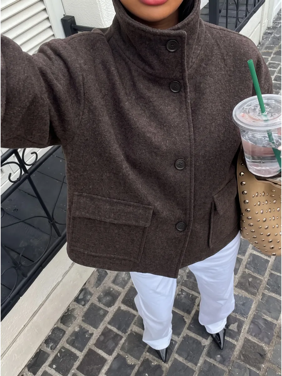 Brown Cropped Blazer Coat with Patch Pockets – view 2