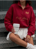 Red Oversized Half-Zip Sweatshirt with Gold Crest Print