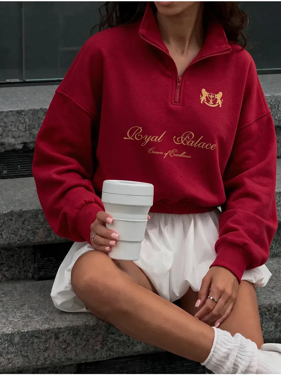 Red Oversized Half-Zip Sweatshirt with Gold Crest Print