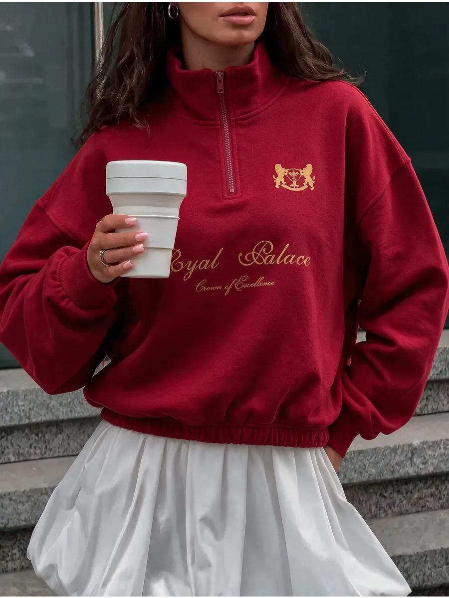 Red Oversized Half-Zip Sweatshirt with Gold Crest Print – view 2