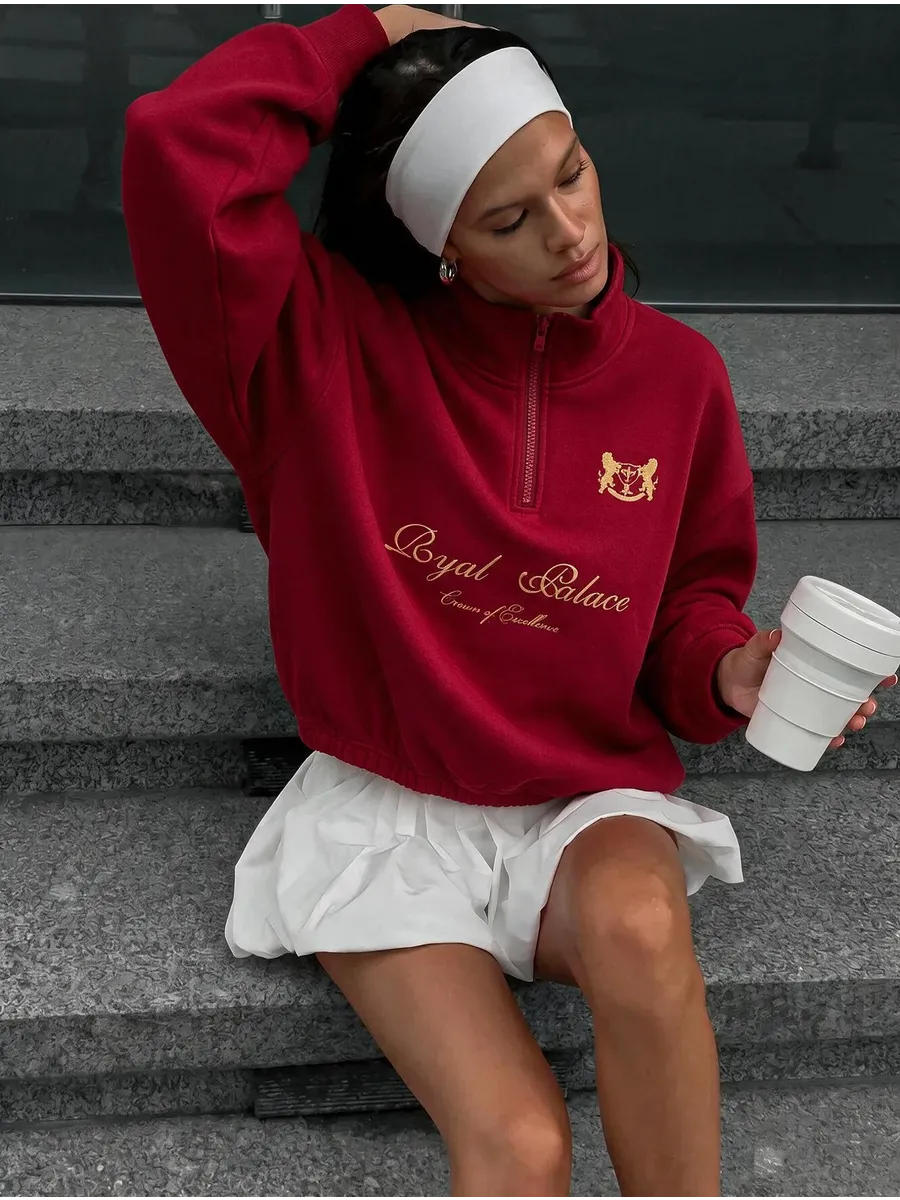 Red Oversized Half-Zip Sweatshirt with Gold Crest Print – view 3