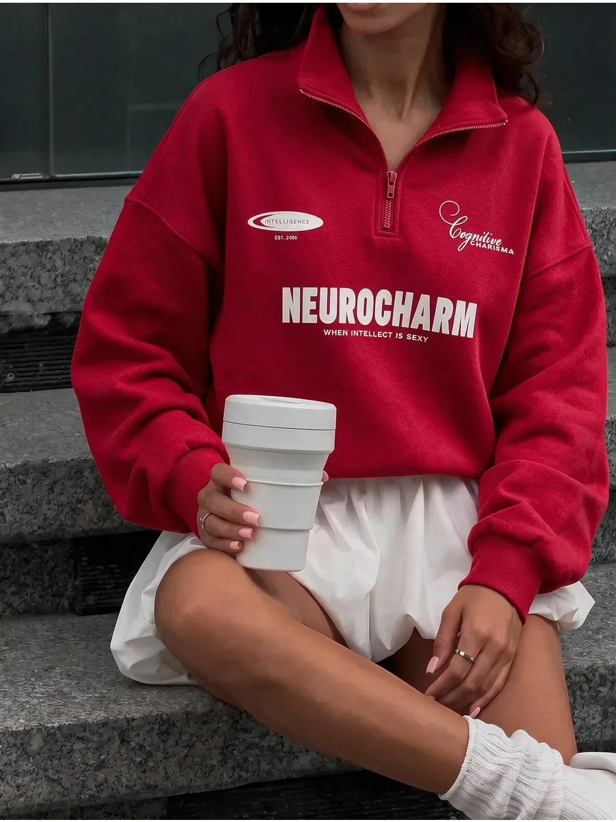 Red Oversized Half-Zip Sweatshirt with White Slogan Print
