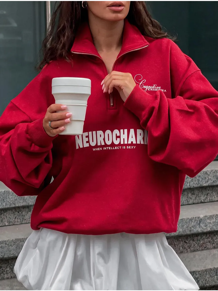 Red Oversized Half-Zip Sweatshirt with White Slogan Print – view 2