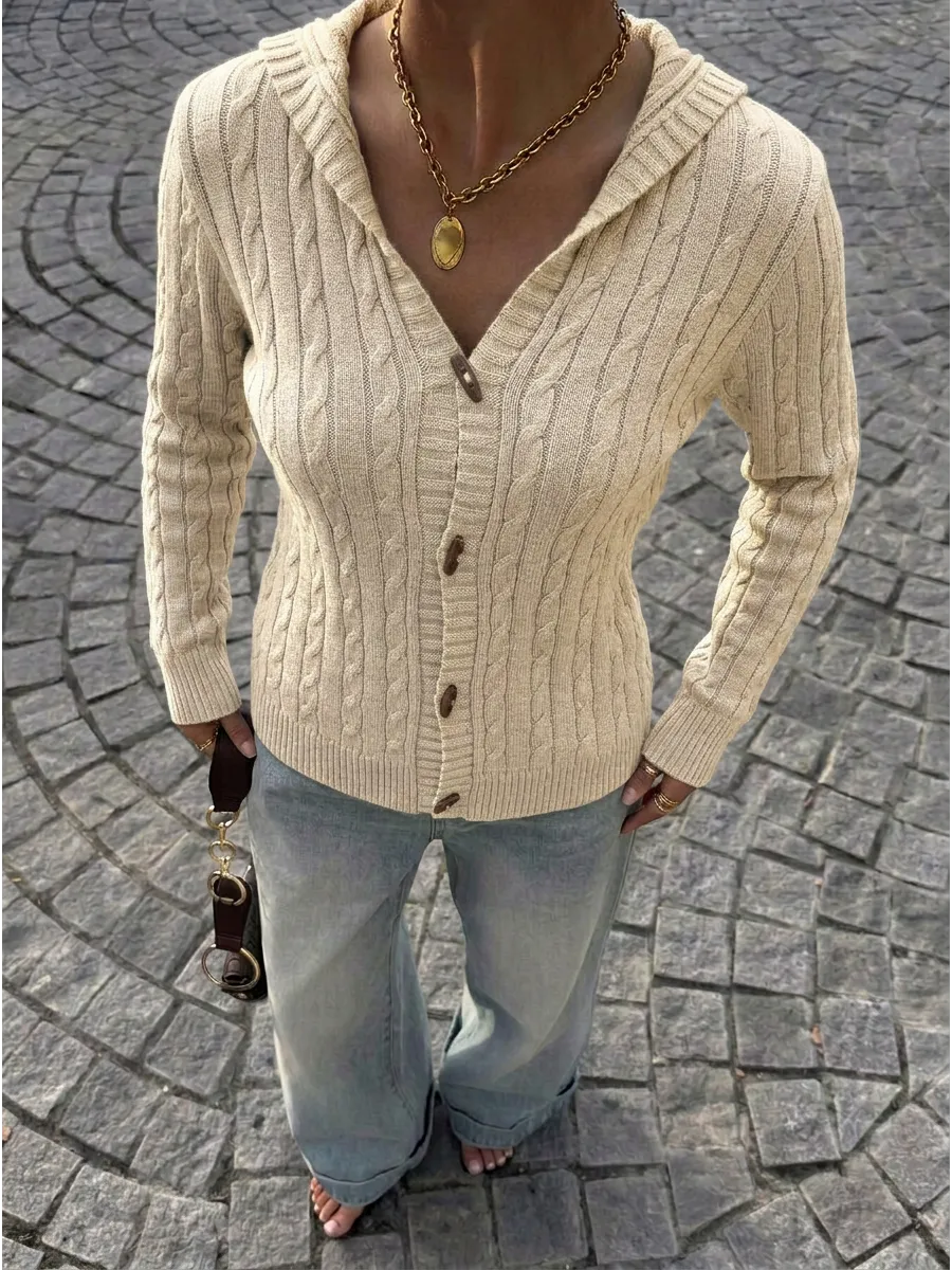 Cream Hooded Cable-Knit Cardigan – view 3