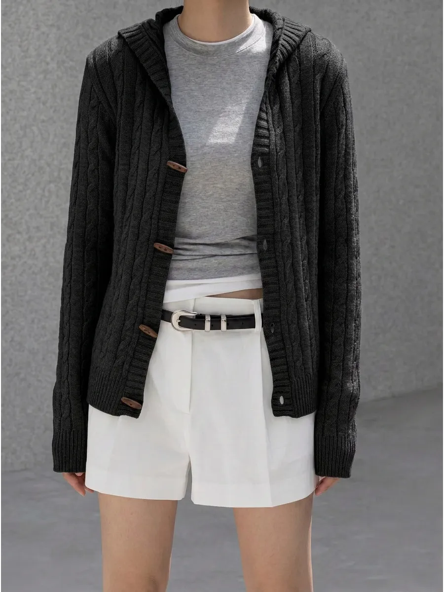 Black Hooded Cable-Knit Cardigan