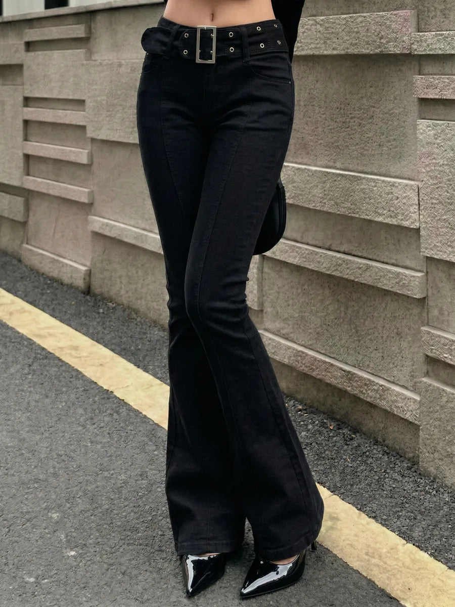Black Low-Rise Flared Jeans with Front Crease