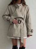 Beige Cropped Belted Wrap Trench Coat