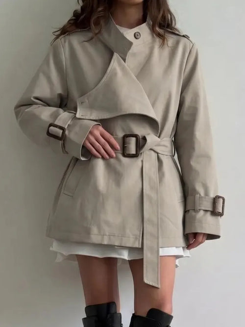 Beige Cropped Belted Wrap Trench Coat