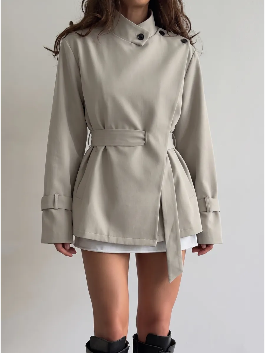 Beige Cropped Belted Wrap Trench Coat – view 2