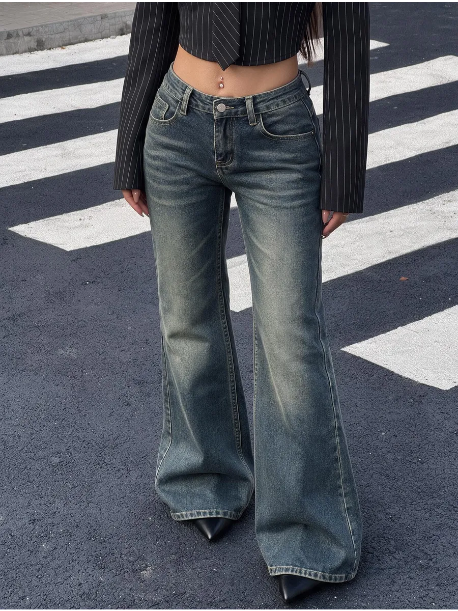 Grey-Blue Rhinestone Flared Jeans