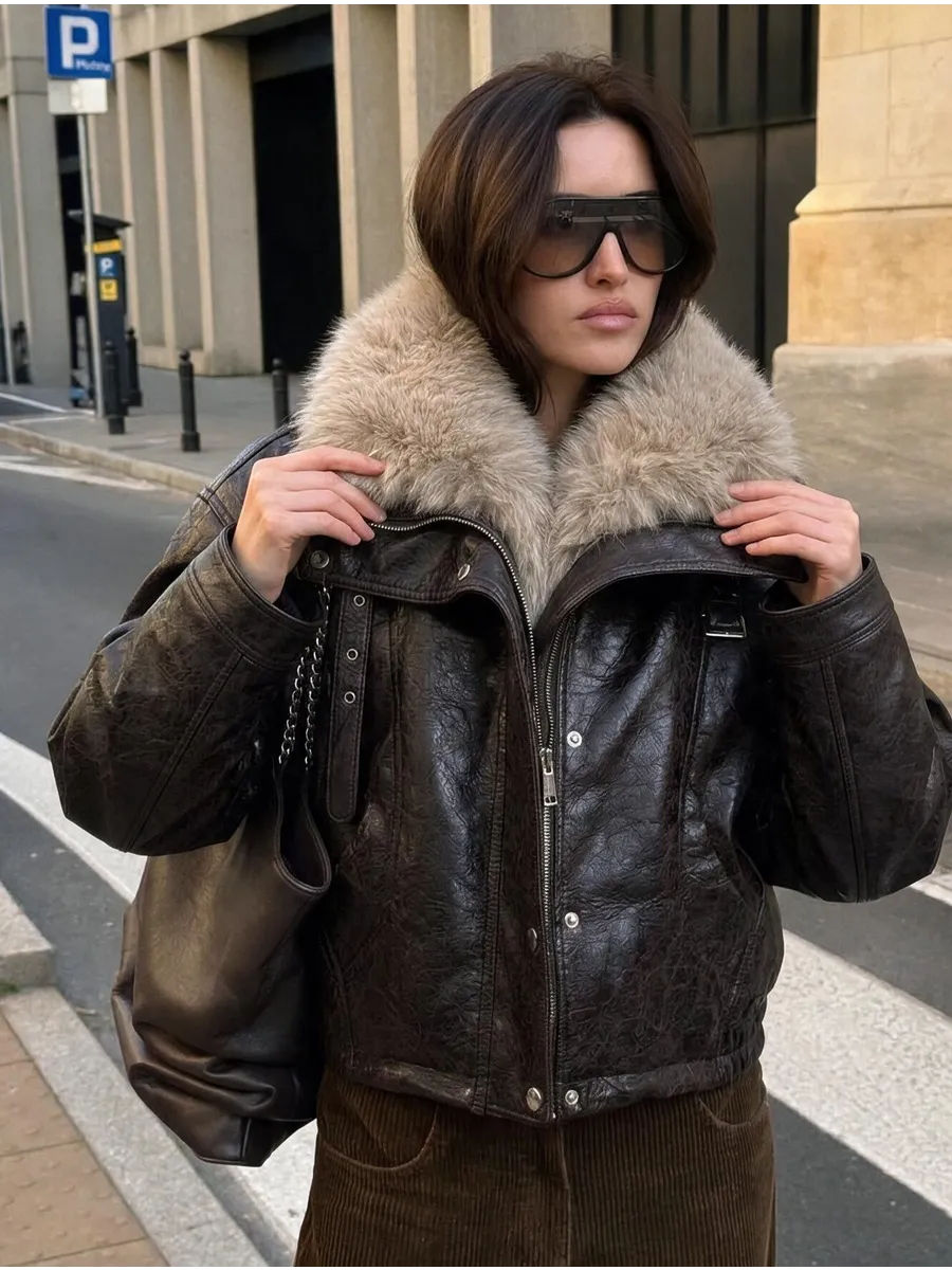 Brown Cropped Faux Leather Bomber with Faux Fur Collar – view 3