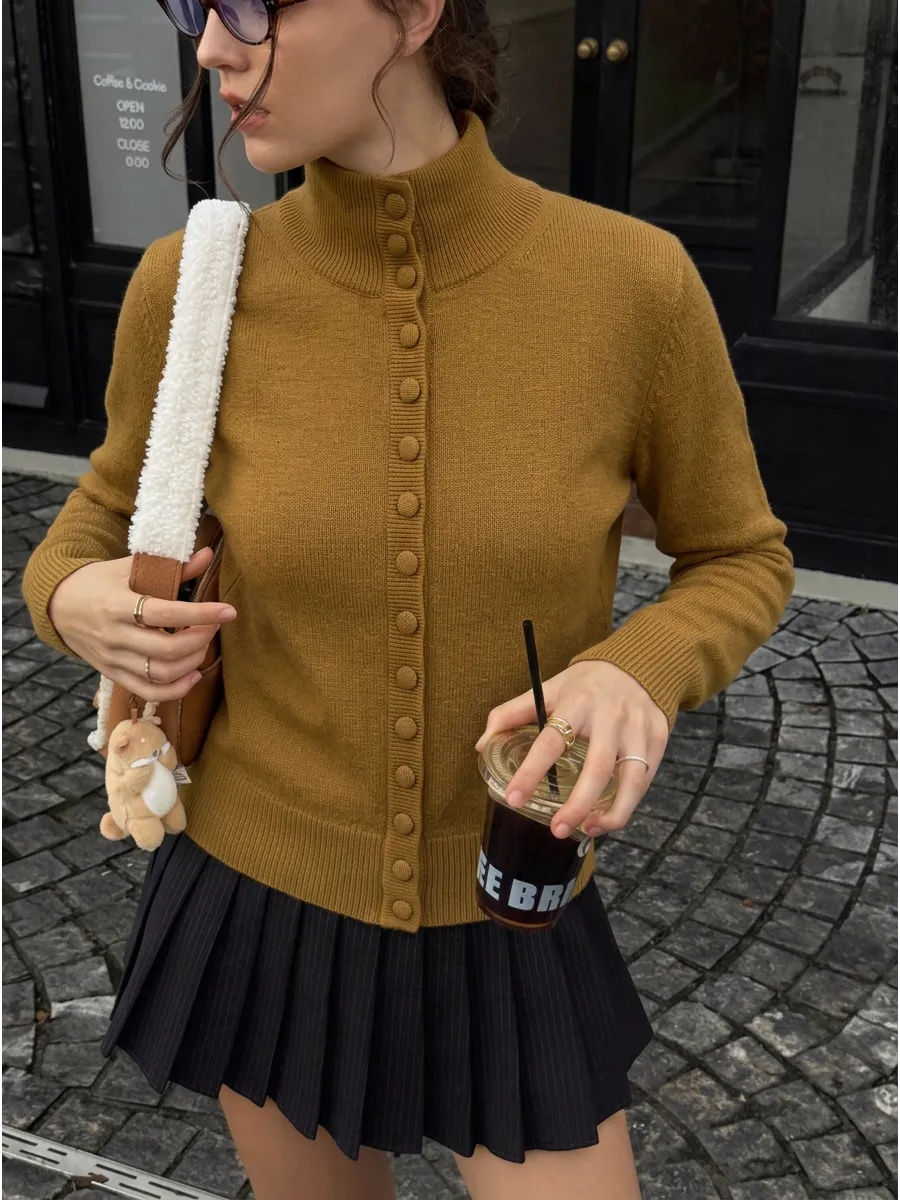 Mustard Longline High-Neck Button Cardigan