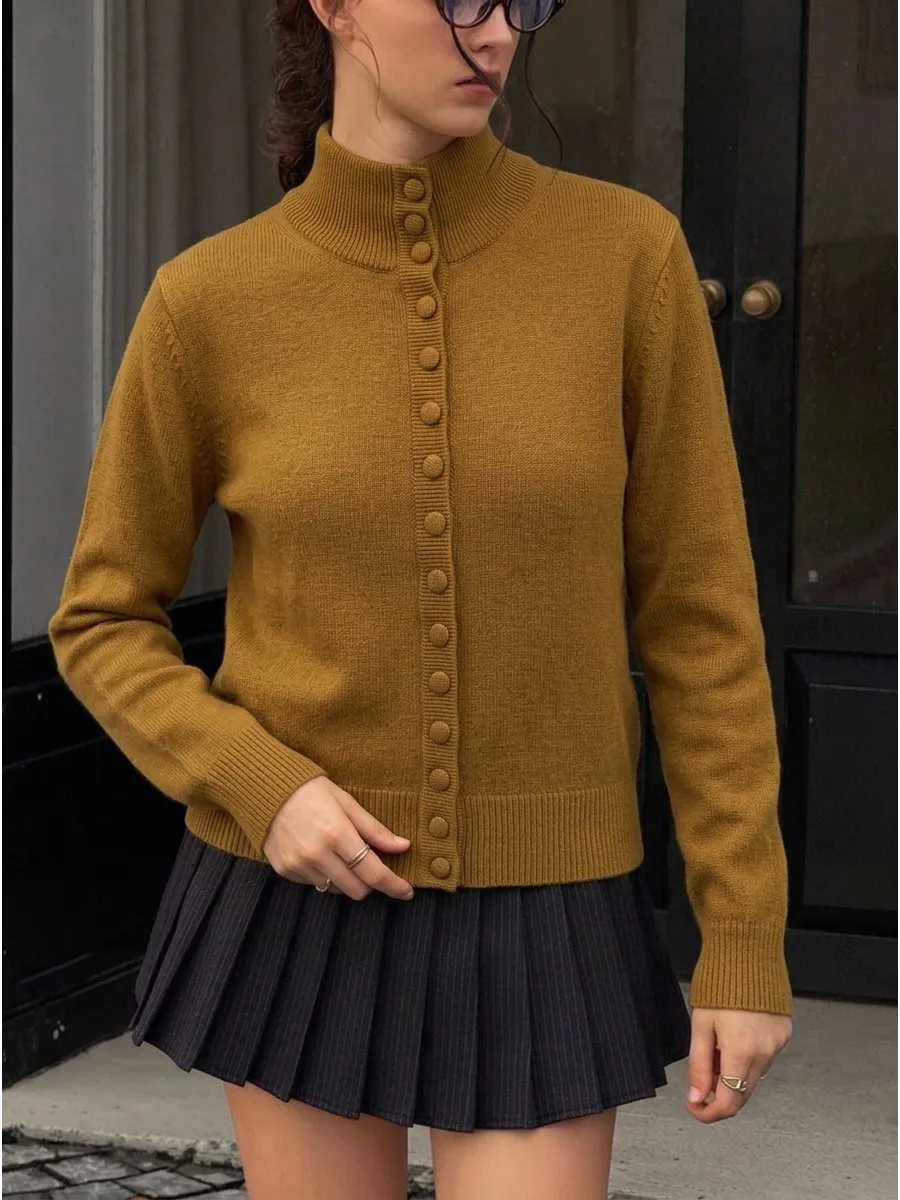 Mustard Longline High-Neck Button Cardigan – view 3