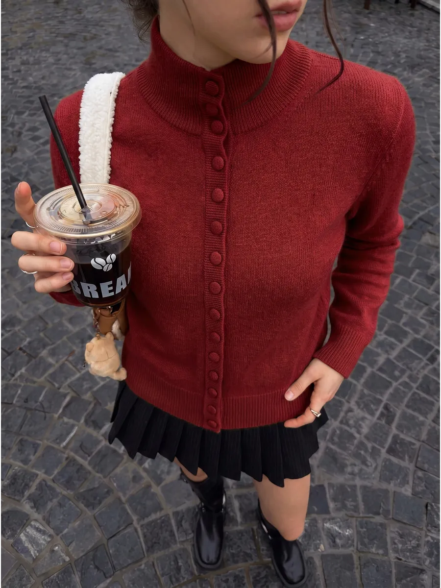 Red Longline High-Neck Button Cardigan