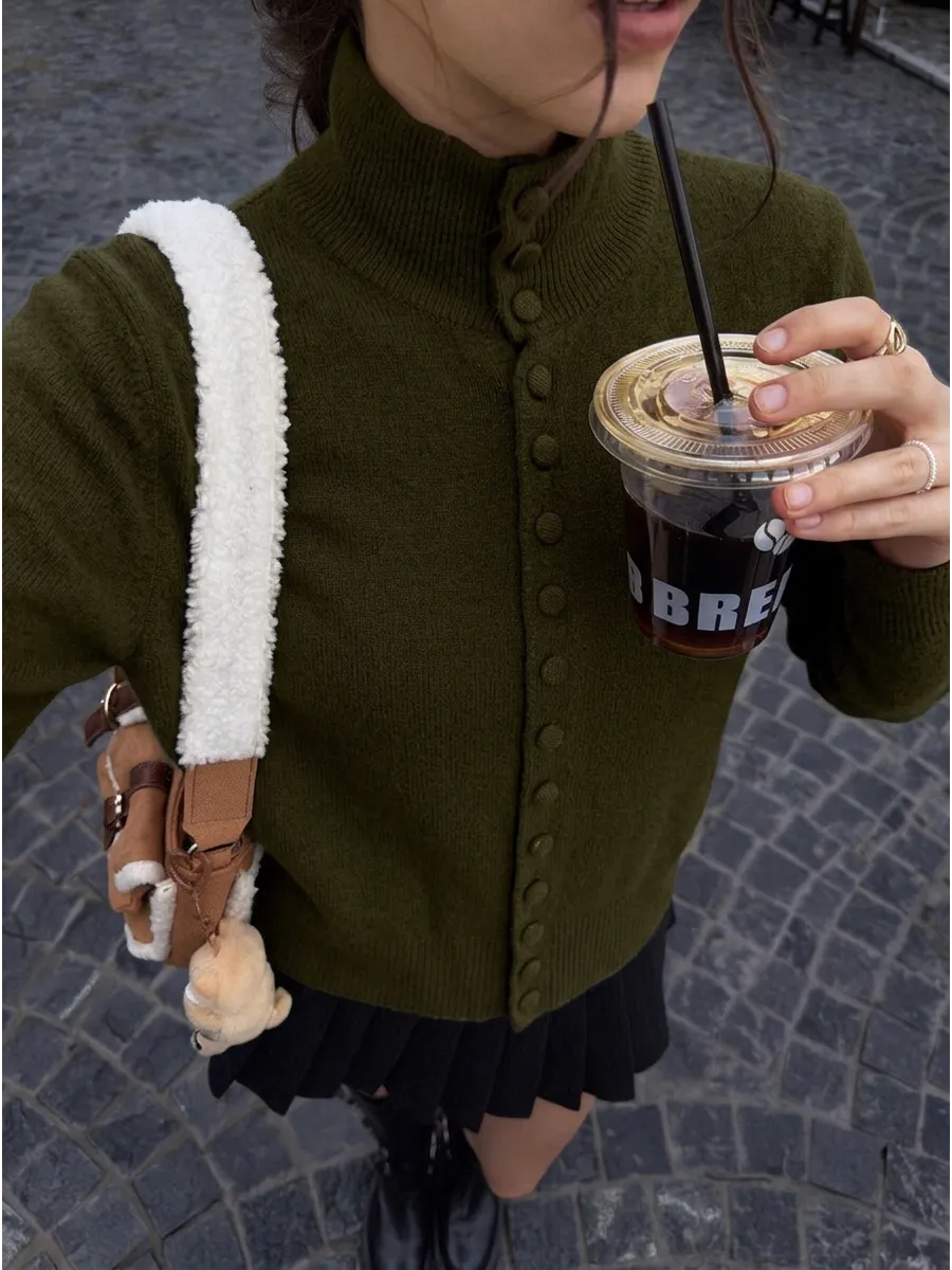 Dark Olive Longline High-Neck Button Cardigan