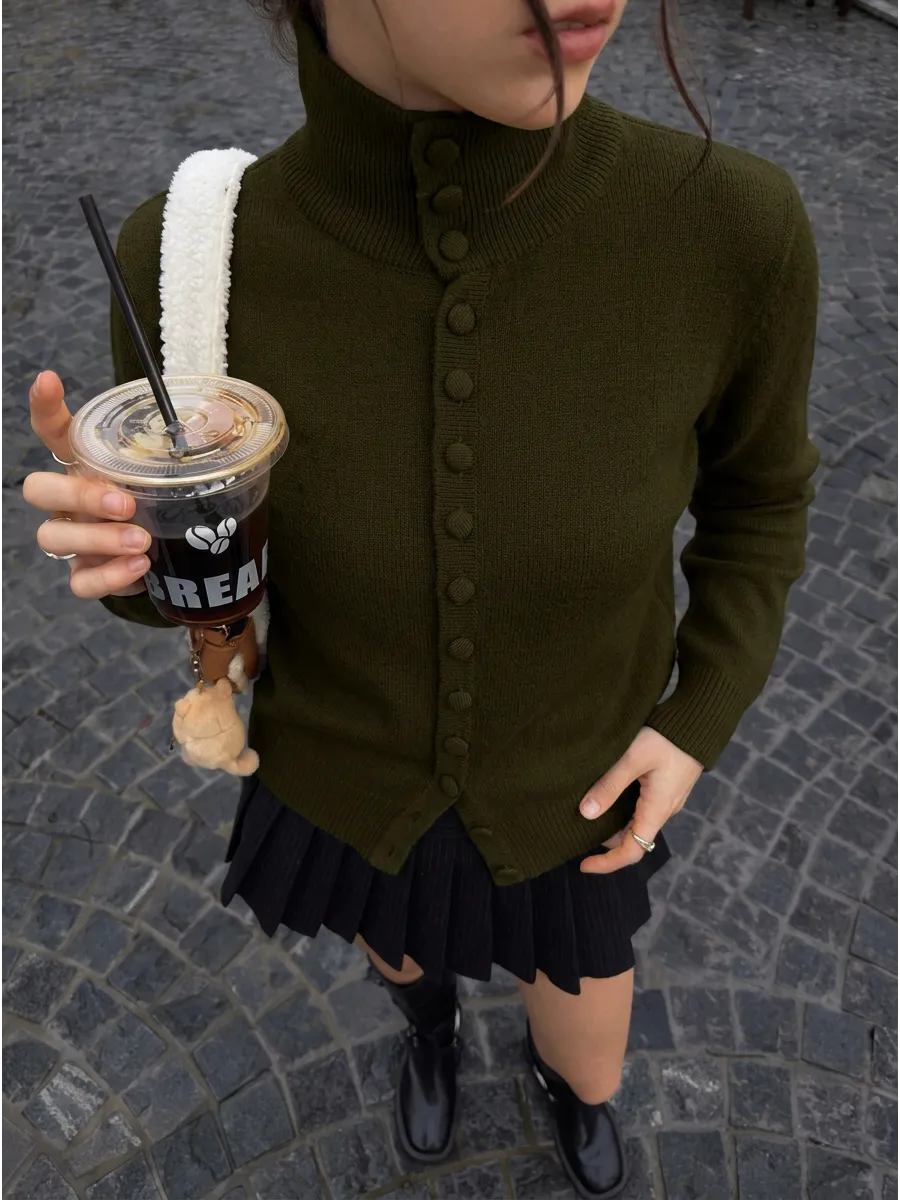Dark Olive Longline High-Neck Button Cardigan – view 2