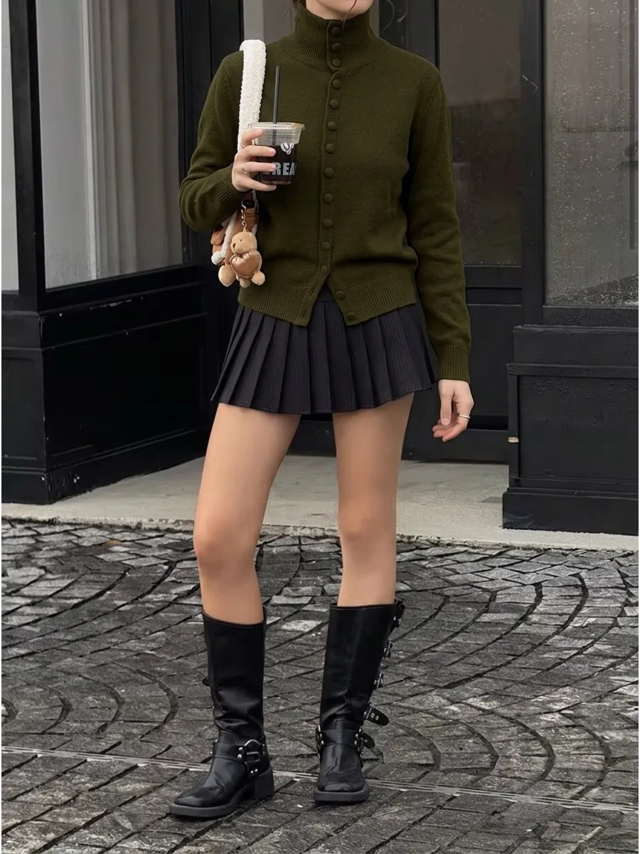 Dark Olive Longline High-Neck Button Cardigan – view 3