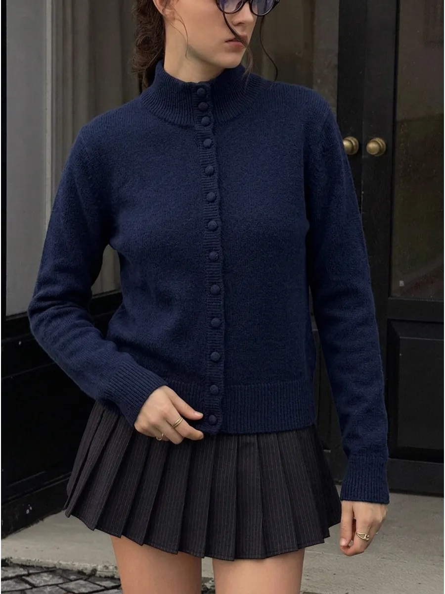 Navy Longline High-Neck Button Cardigan