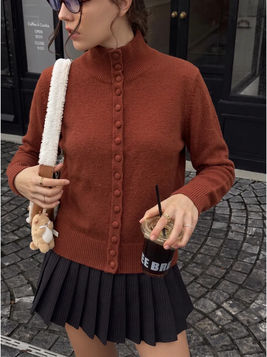 Terracotta Longline High-Neck Button Cardigan