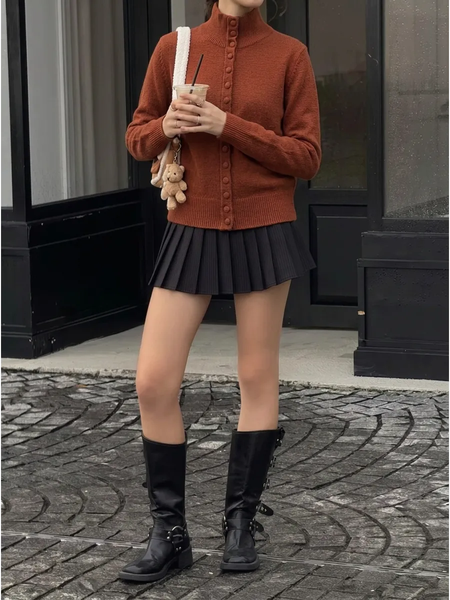Terracotta Longline High-Neck Button Cardigan – view 2