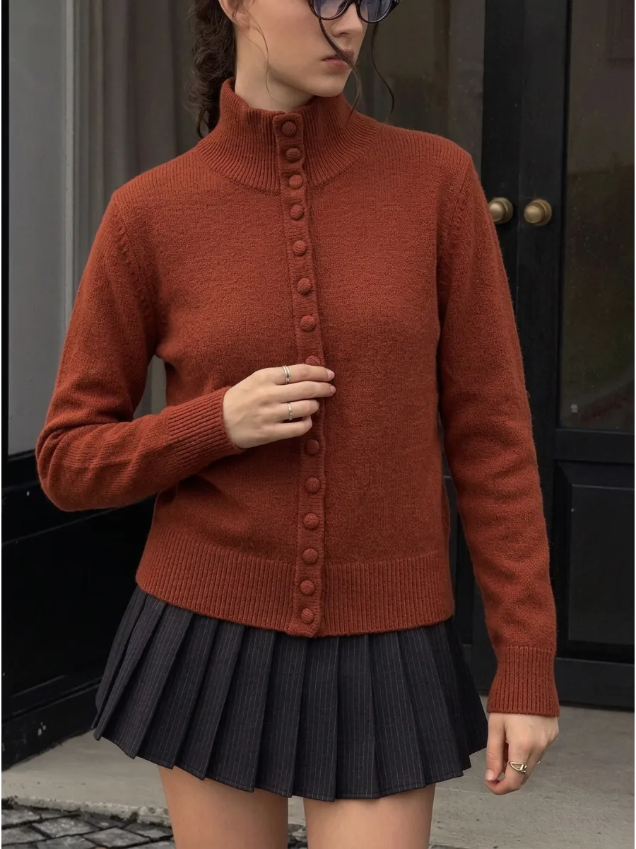 Terracotta Longline High-Neck Button Cardigan – view 3