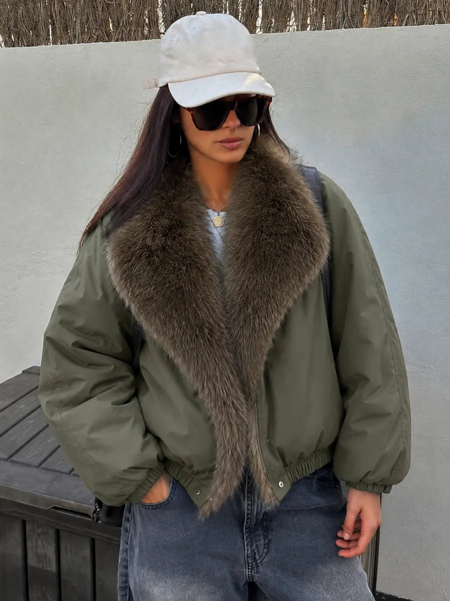 Olive Oversized Jacket with Faux Fur – view 2