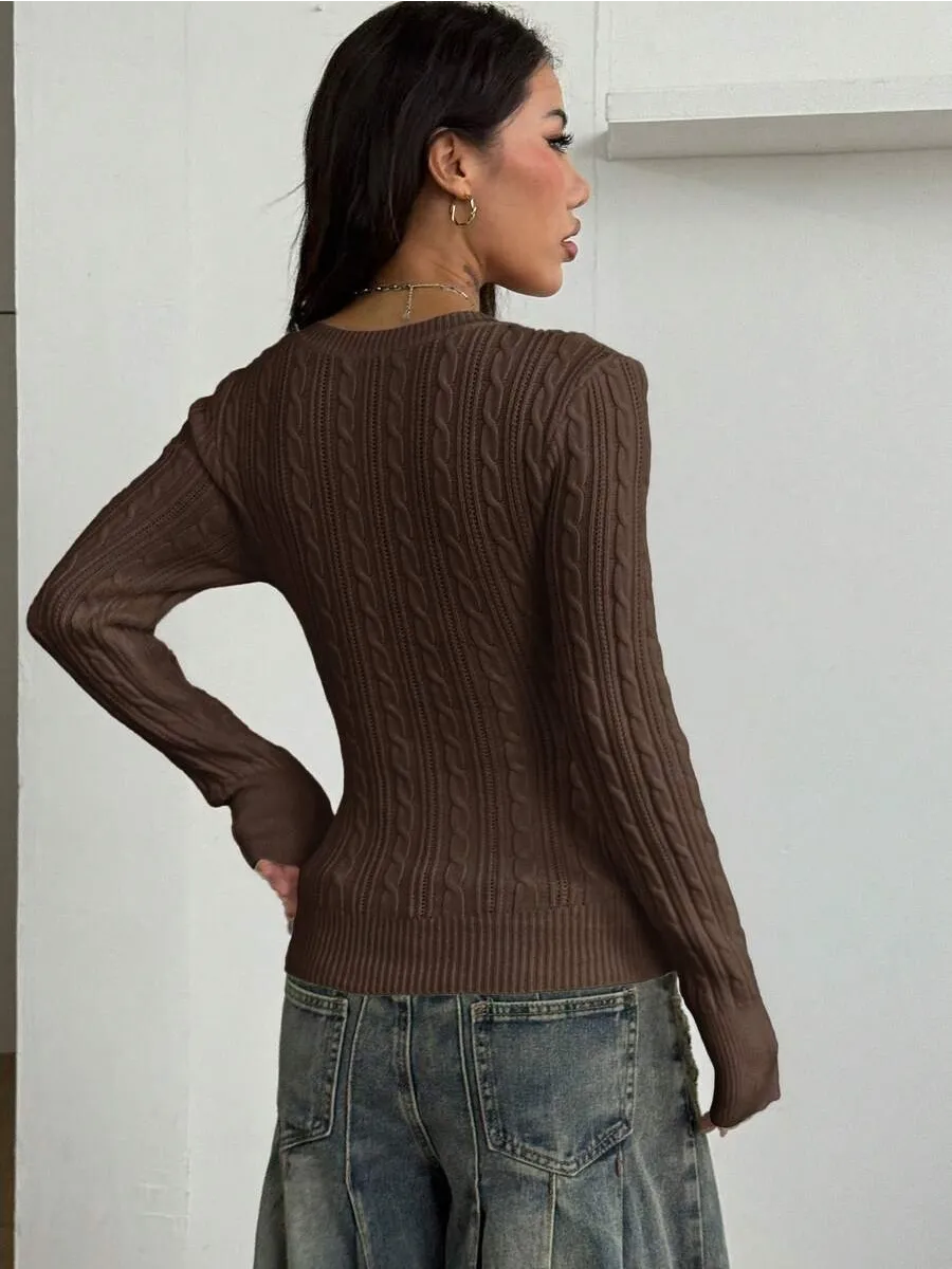 Brown Fitted Cable-Knit U-Neck Jumper – view 3