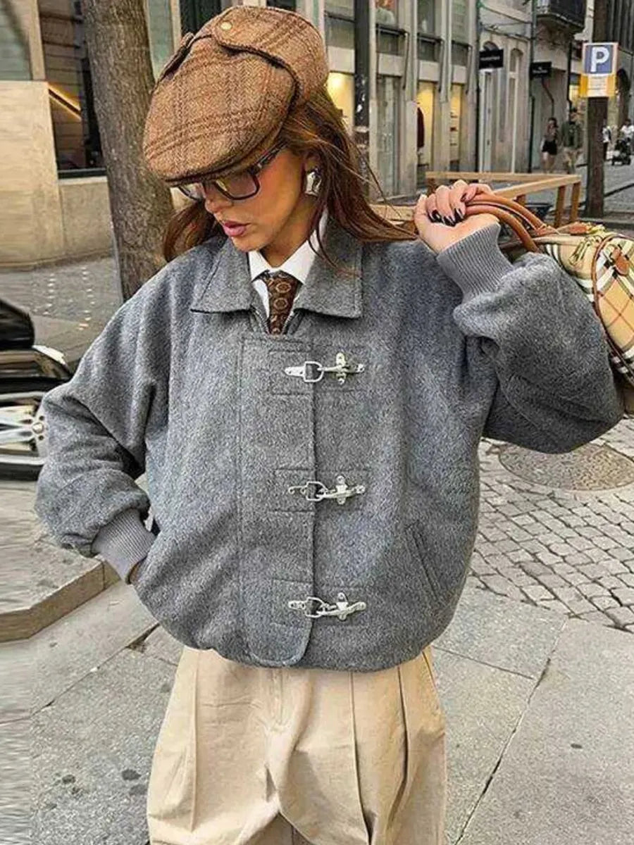 Grey Military Button Bomber Jacket – view 2