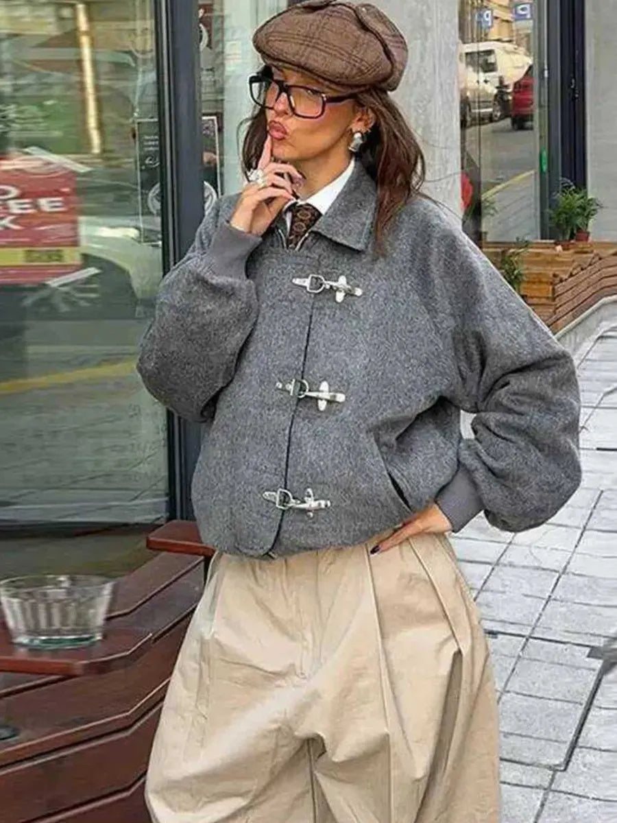 Grey Military Button Bomber Jacket – view 3