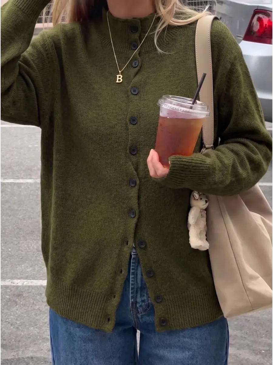 Dark Olive Classic High-Neck Button Cardigan – view 3