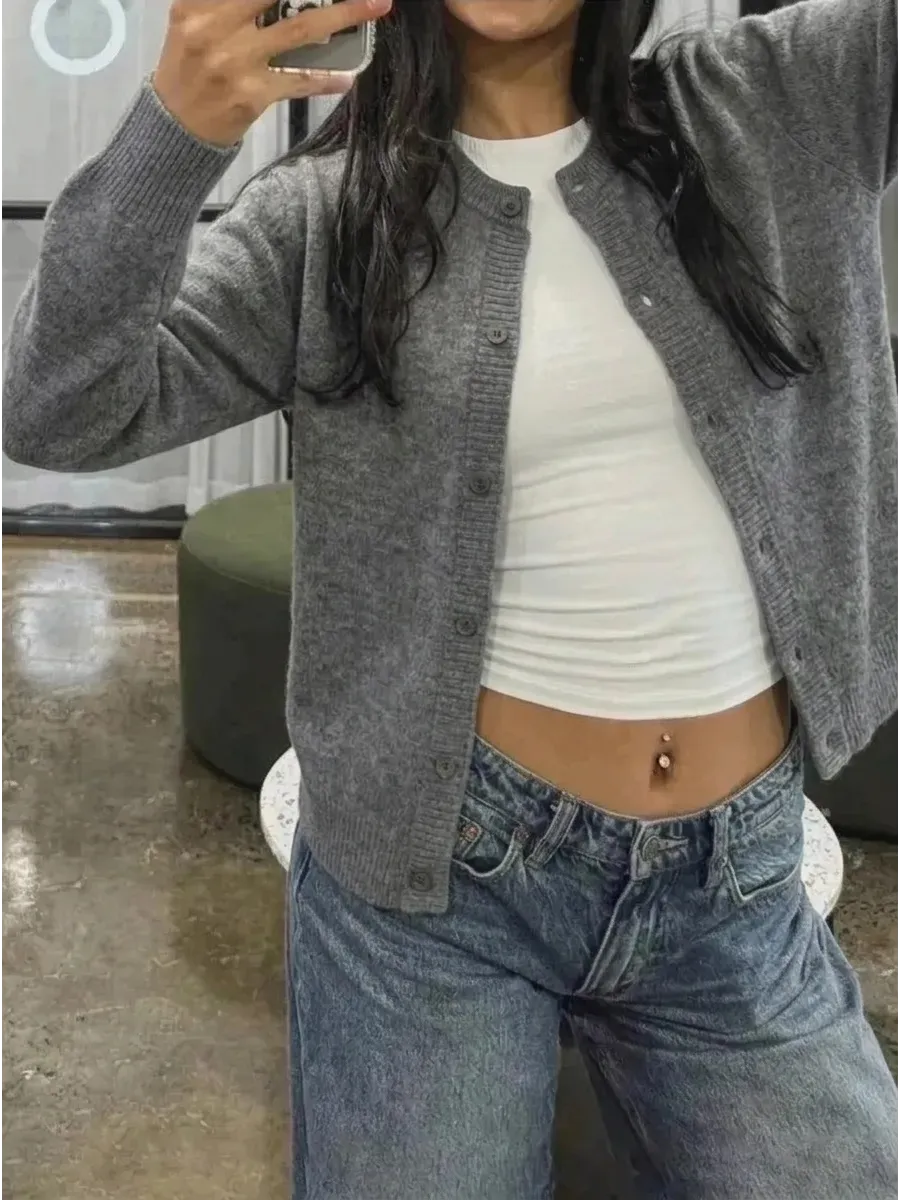 Light Grey Cropped Fluffy Knit Cardigan