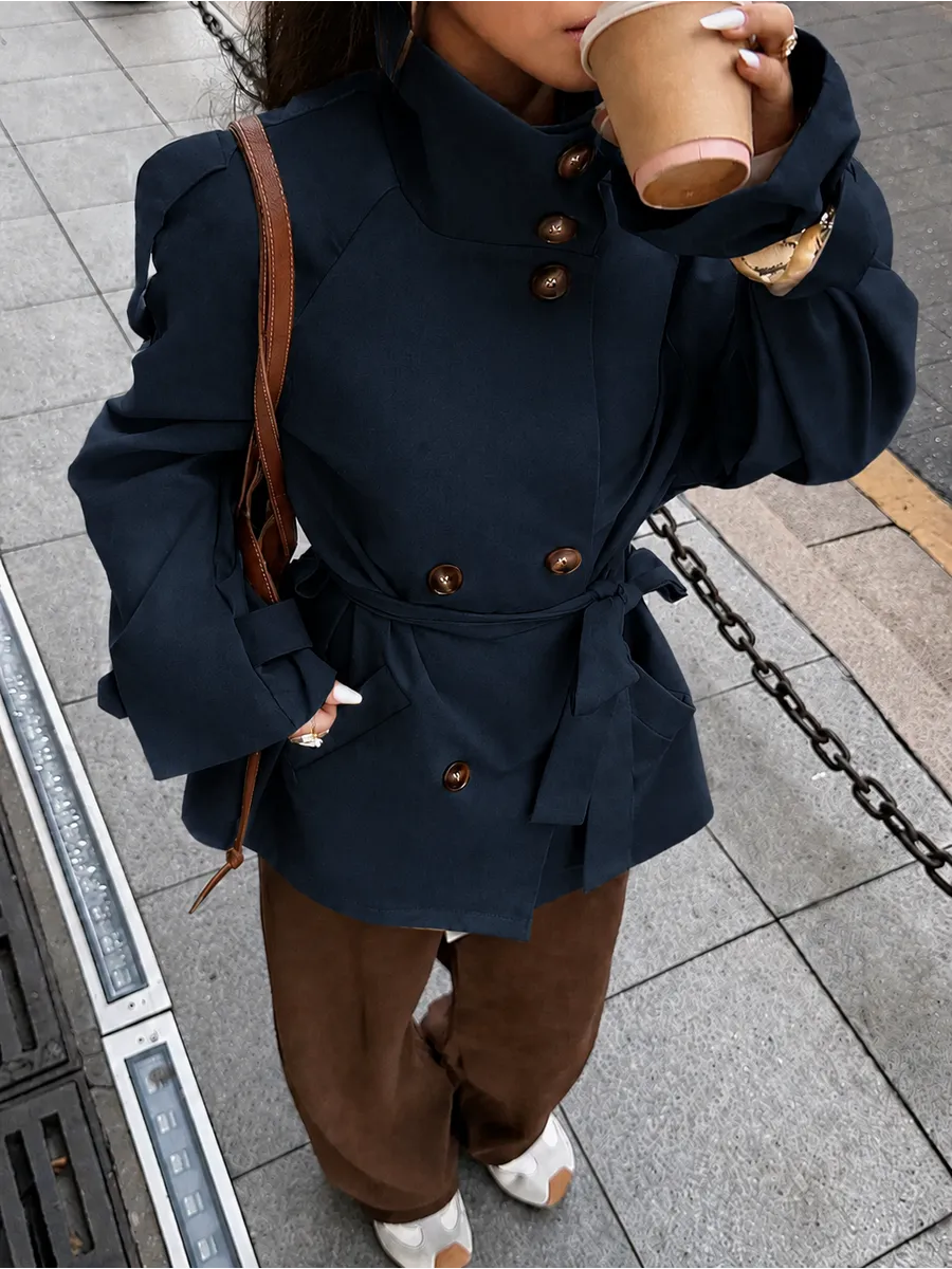 Navy Cropped Double-Breasted Belted Trench
