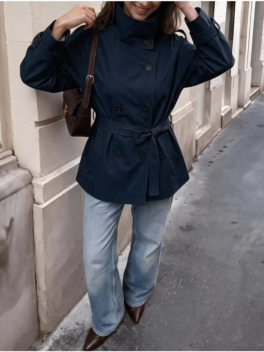 Navy Cropped Double-Breasted Belted Trench – view 2