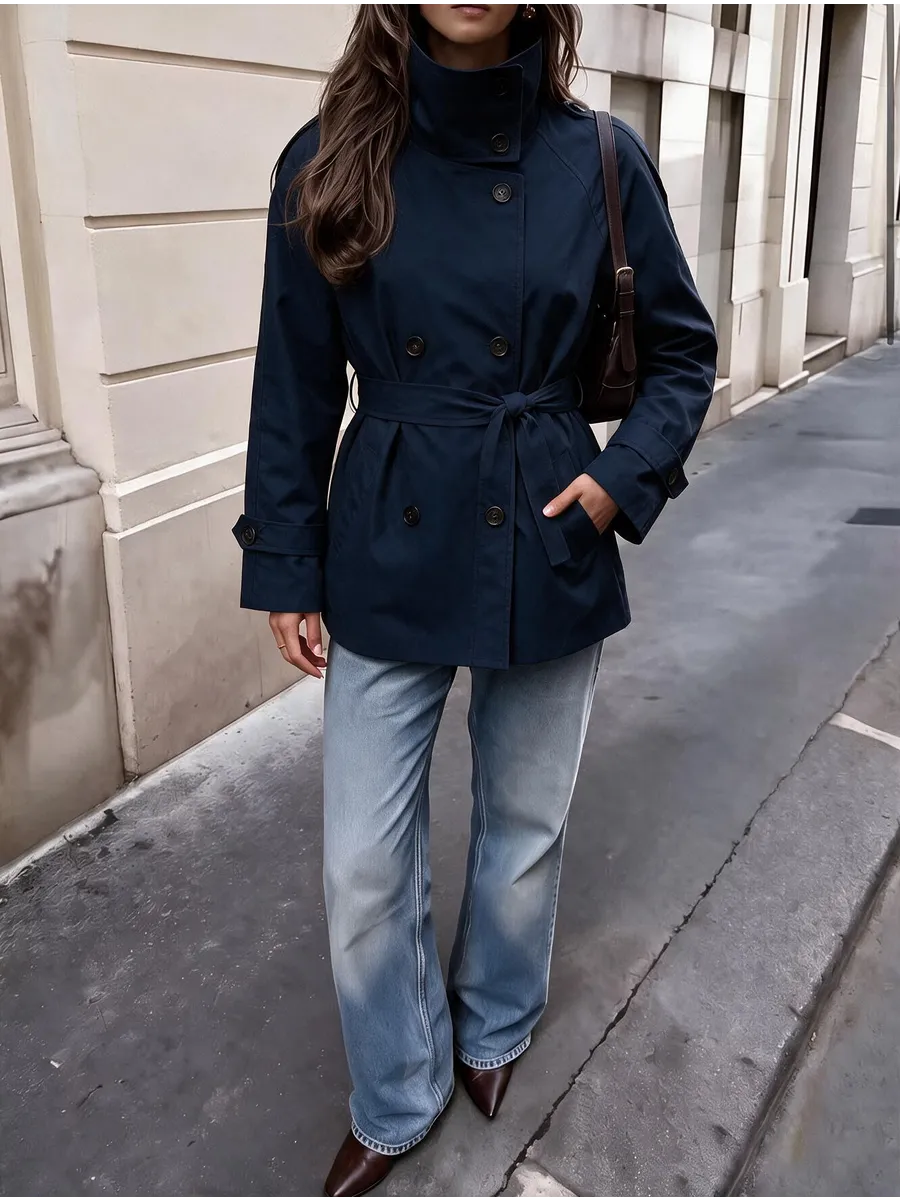 Navy Cropped Double-Breasted Belted Trench – view 3