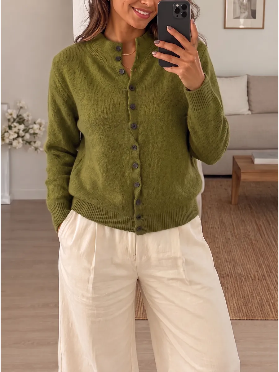 Olive Cropped Ribbed-Trim Cardigan – view 2